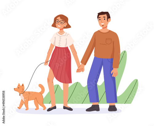 Smiling cute couple walking with dog at park. Couple holding hands, walking together outdoor cartoon vector symbols illustration. Walking happy couple