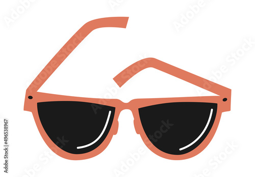 Hand drawn cute cartoon illustration of sunglasses. Flat vector spectacles sticker in simple colored doodle style. Sun protection or travel accessory icon or print. Isolated on white background.