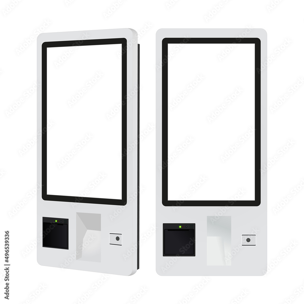 Touch Screen Food Ordering Self-Service Kiosk for Restaurant, Front and Side View, Isolated on White Background. Vector Illustration Touch Screen Food Ordering Self-Service Kiosk for Restaurant, Front and Side View, Isolated on White Background. Vector Illustration
