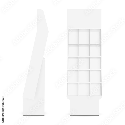 Empty Cardboard Display Racks, Front and Side View, Isolated on White Background. Vector Illustration