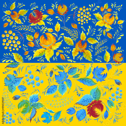 Flag of Ukraine yellow and blue national colors painted in Petrykivka decorative style. Flowers and leaves Ukrainian symbolic illustration.