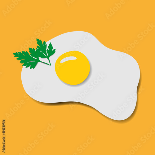 Fried eggs with parsley on a yellow background. A picture for any use.