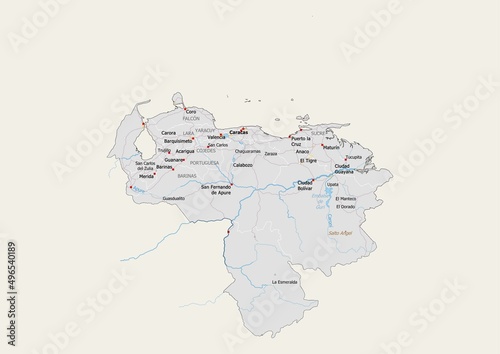 Isolated map of Venezuela with capital, national borders, important cities, rivers,lakes. Detailed map of Venezuela suitable for large size prints and digital editing. photo