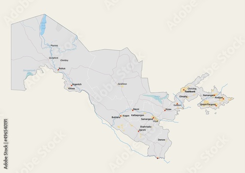 Isolated map of Uzbekistan with capital, national borders, important cities, rivers,lakes. Detailed map of Uzbekistan suitable for large size prints and digital editing. photo