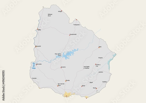 Isolated map of Uruguay with capital, national borders, important cities, rivers,lakes. Detailed map of Uruguay suitable for large size prints and digital editing. photo