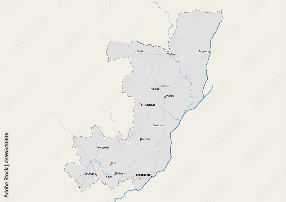 Isolated map of Republic of the Congo with capital, national borders, important cities, rivers,lakes. Detailed map of Republic of the Congo suitable for large size prints and digital editing.