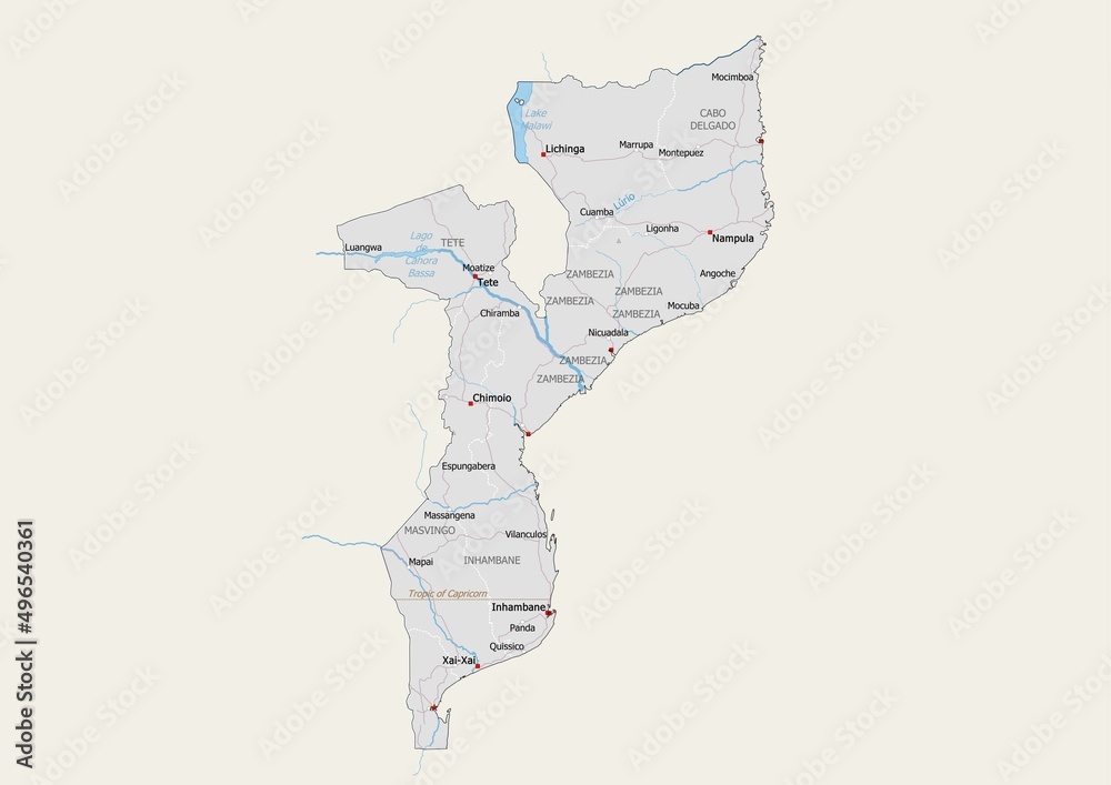 Isolated map of Mozambique with capital, national borders, important ...
