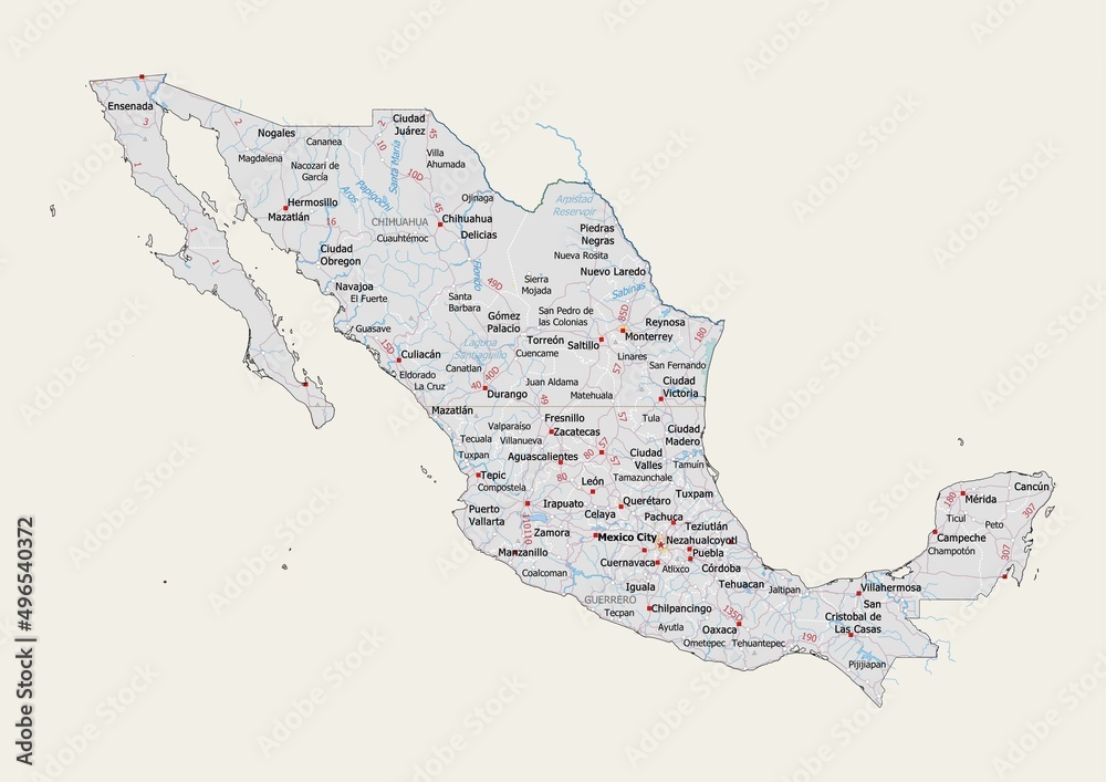 Isolated map of Mexico with capital, national borders, important cities