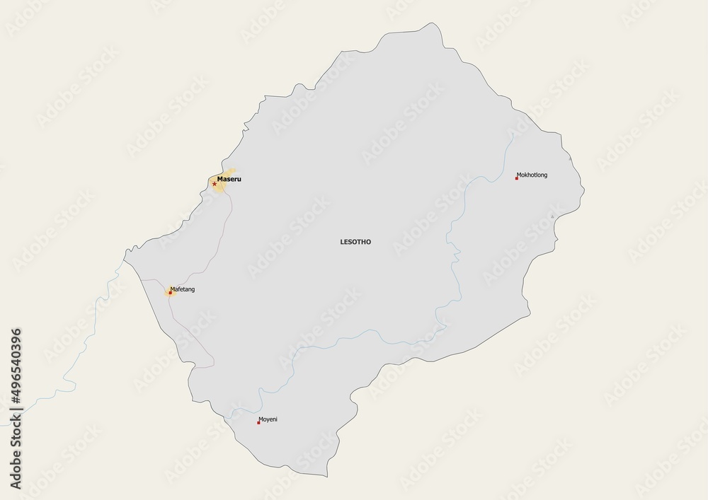 Isolated map of Lesotho with capital, national borders, important cities, rivers,lakes. Detailed map of Lesotho suitable for large size prints and digital editing.