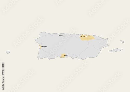 Isolated map of Puerto Rico with capital, national borders, important cities, rivers,lakes. Detailed map of Puerto Rico suitable for large size prints and digital editing. photo