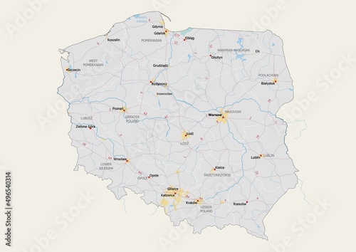 Isolated map of Poland with capital, national borders, important cities, rivers,lakes. Detailed map of Poland suitable for large size prints and digital editing.