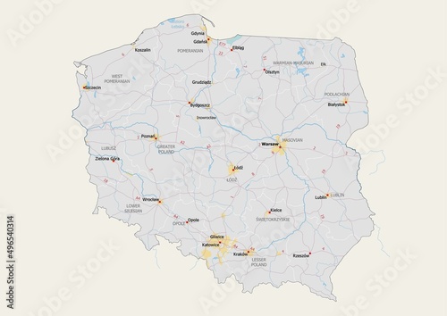 Isolated map of Poland with capital, national borders, important cities, rivers,lakes. Detailed map of Poland suitable for large size prints and digital editing. photo