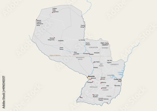Isolated map of Paraguay with capital, national borders, important cities, rivers,lakes. Detailed map of Paraguay suitable for large size prints and digital editing. photo