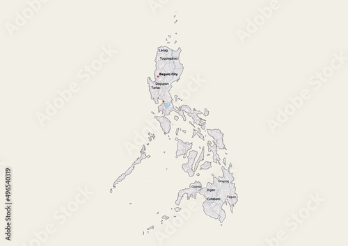 Isolated map of Philippines with capital, national borders, important cities, rivers,lakes. Detailed map of Philippines suitable for large size prints and digital editing. photo