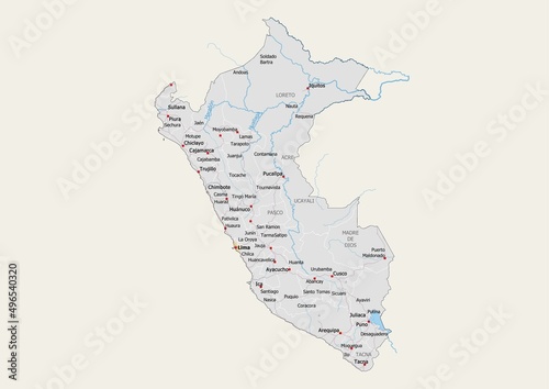 Isolated map of Peru with capital, national borders, important cities, rivers,lakes. Detailed map of Peru suitable for large size prints and digital editing. photo
