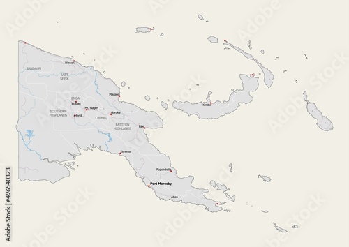 Isolated map of Papua New Guinea with capital, national borders, important cities, rivers,lakes. Detailed map of Papua New Guinea suitable for large size prints and digital editing. photo