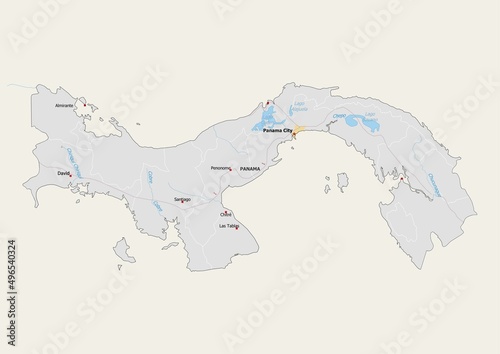 Isolated map of Panama with capital, national borders, important cities, rivers,lakes. Detailed map of Panama suitable for large size prints and digital editing. photo