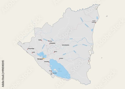 Isolated map of Nicaragua with capital, national borders, important cities, rivers,lakes. Detailed map of Nicaragua suitable for large size prints and digital editing. photo