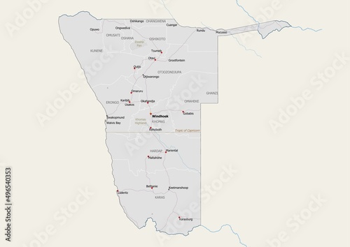 Isolated map of Namibia with capital, national borders, important cities, rivers,lakes. Detailed map of Namibia suitable for large size prints and digital editing. photo