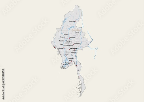Isolated map of Myanmar with capital, national borders, important cities, rivers,lakes. Detailed map of Myanmar suitable for large size prints and digital editing.
