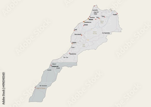 Isolated map of Morocco with capital, national borders, important cities, rivers,lakes. Detailed map of Morocco suitable for large size prints and digital editing. photo