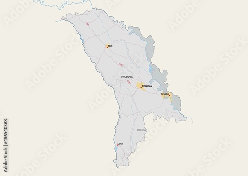 Isolated map of Moldova with capital  national borders  important cities  rivers lakes. Detailed map of Moldova suitable for large size prints and digital editing.