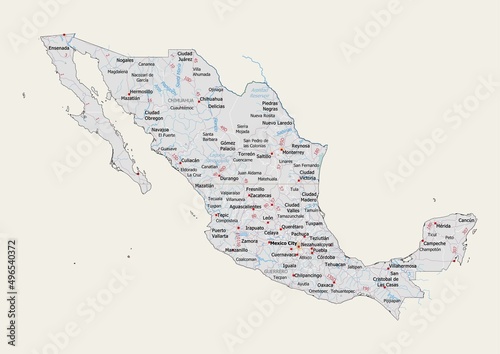 Isolated map of Mexico with capital, national borders, important cities, rivers,lakes. Detailed map of Mexico suitable for large size prints and digital editing. photo
