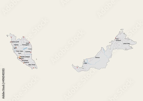 Foto Isolated map of Malaysia with capital, national borders, important cities, rivers,lakes