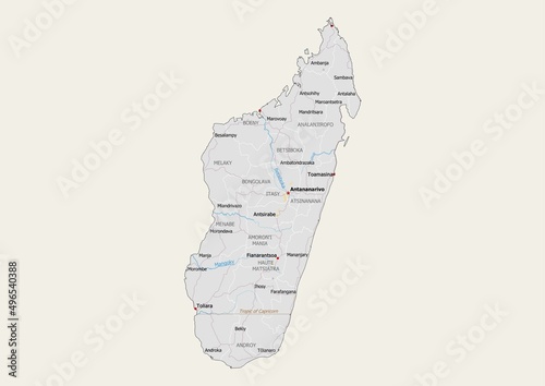 Isolated map of Madagascar with capital, national borders, important cities, rivers,lakes. Detailed map of Madagascar suitable for large size prints and digital editing. photo