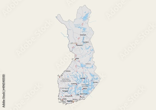 Isolated map of Finland with capital, national borders, important cities, rivers,lakes. Detailed map of Finland suitable for large size prints and digital editing. photo