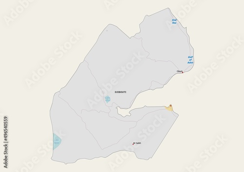 Isolated map of Djibouti with capital, national borders, important cities, rivers,lakes. Detailed map of Djibouti suitable for large size prints and digital editing.