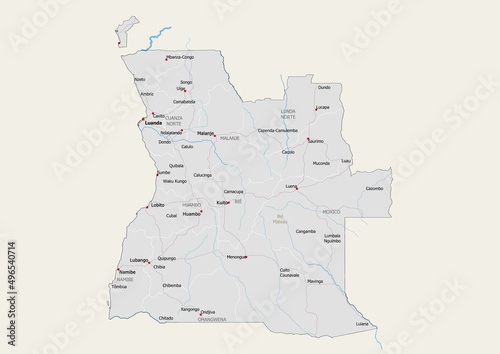Isolated map of Angola with capital, national borders, important cities, rivers,lakes. Detailed map of Angola suitable for large size prints and digital editing. photo