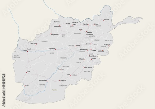 Fototapeta Isolated map of Afghanistan with capital, national borders, important cities, rivers,lakes