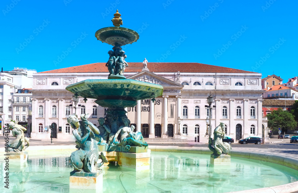 Rossio square in Lisbon in Portugal with the sculpture fountain