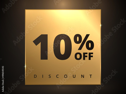 10 off discount banner. Special offer sale 10 percent off. Sale discount offer. Luxury promotion banner ten percent discount in golden square and black background. Vector illustration