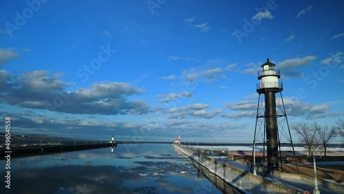 winter in duluth  north shore  pier ligthouse on coast of superior lake minnesota photo