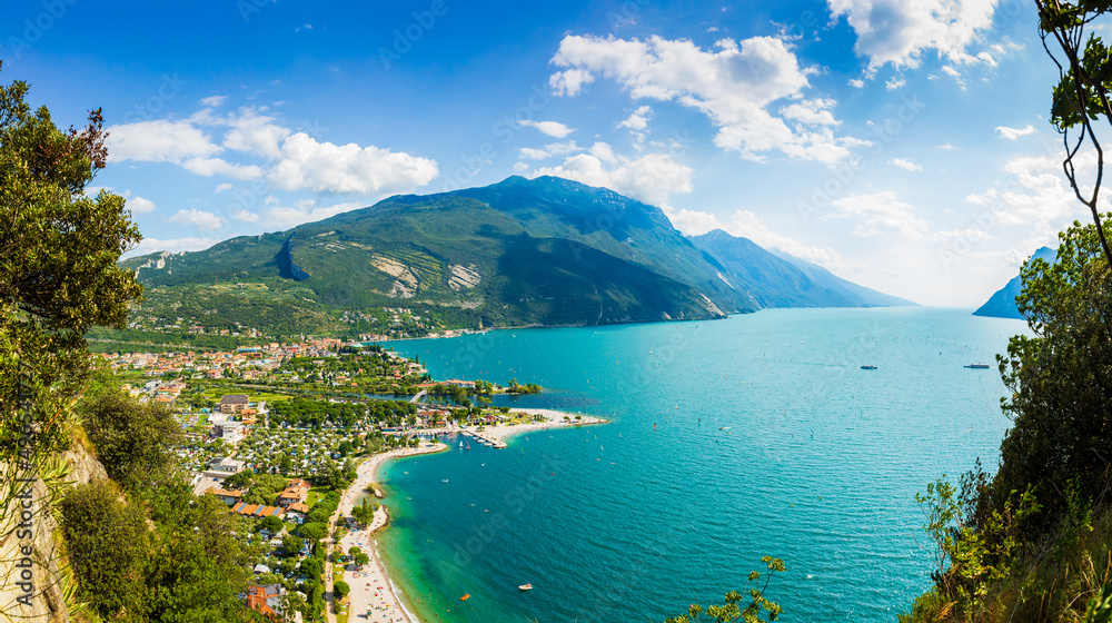 Aerial view at Linfano and Torbole village at lake Garda, Italy. on a beautiful summer day