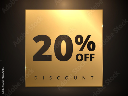 20 off discount banner. Special offer sale 20 percent off. Sale discount offer. Luxury promotion banner twenty percent discount in golden square and black background. Vector illustration