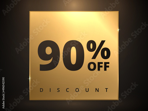 90 off discount banner. Special offer sale 90 percent off. Sale discount offer. Luxury promotion banner ninety percent discount in golden square and black background. Vector illustration