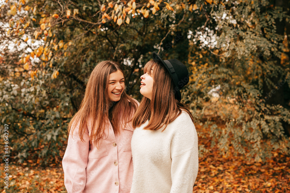 Two best female friends, women staying golden autumnal parkland stone road, jjoying, walking near green orange trees Two best female friends, women staying golden autumnal parkland stone road, jjoying, walking near green orange trees