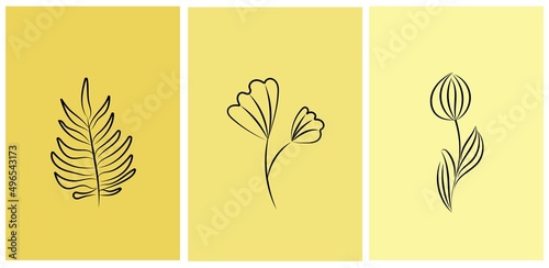 Vector linear abstract poster. Wallpaper in a minimalist style for spring and summer with botanical leaves, flowers, organic shapes. For poster, poster, background, postcard, website and packaging.
