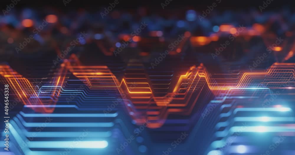 Blue and orange digital cyberspace and data network connections motion graphic concept. Big data, machine learning, artificial intelligence, virtual reality, high speed network, computer. 4K loop