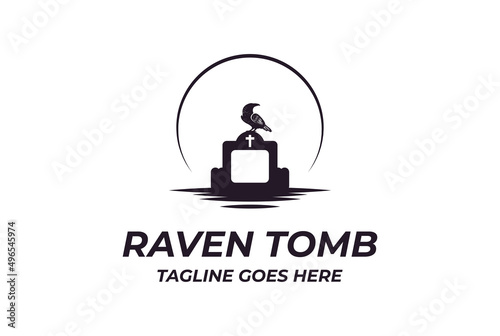 Horror Scary Sunset or Dark Moon Crow Raven Bird with Tomb Cemetery Grave Charnel Ossuary for Halloween Logo Design Vector