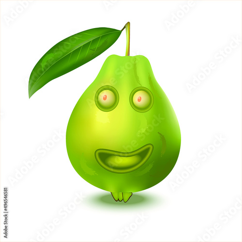 Cute green guava with eyes and mouth, trend of the season. Comical face. Can be used for cards for children learning words, food packaging. Cartoon joyful guava mascot smiling on white background