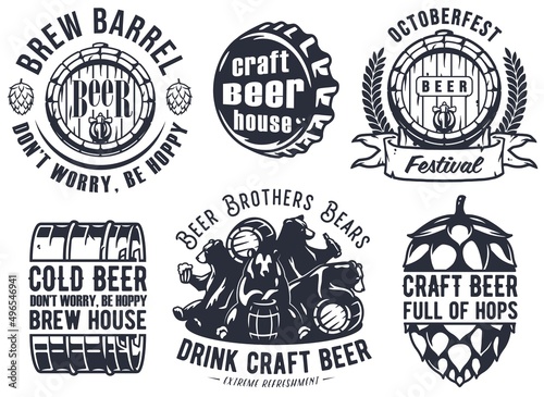 Craft beer brewery emblem set with bears and hop seed, barrel with barley, metal cork