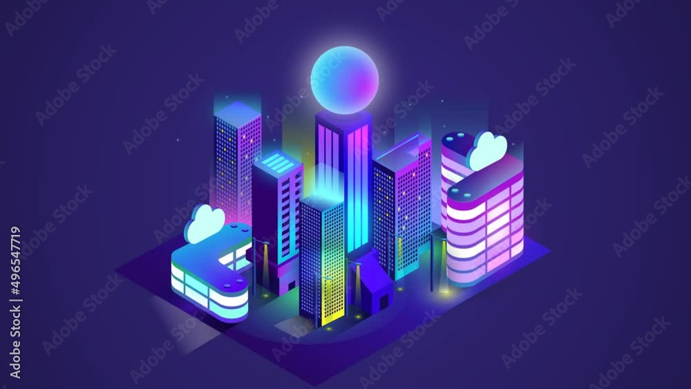 4k Animation Isometric smart city urban future, purple, loop background 