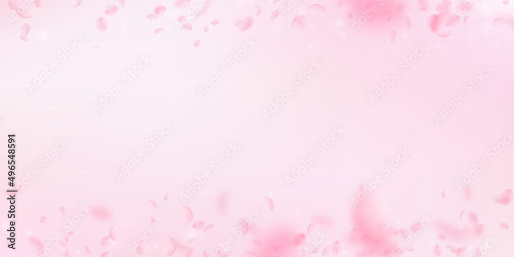 Sakura petals falling down. Romantic pink flowers border. Flying petals on pink wide background. Love, romance concept. Interesting wedding invitation.