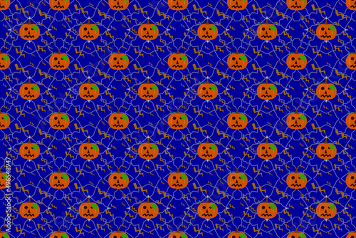 Halloween pumpkin pattern seamless wallpaper on blue background with lightning pattern.