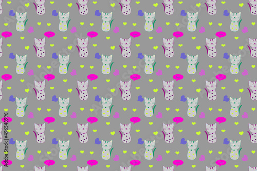 Seamless cute cat pattern, cat wallpaper on gray background.