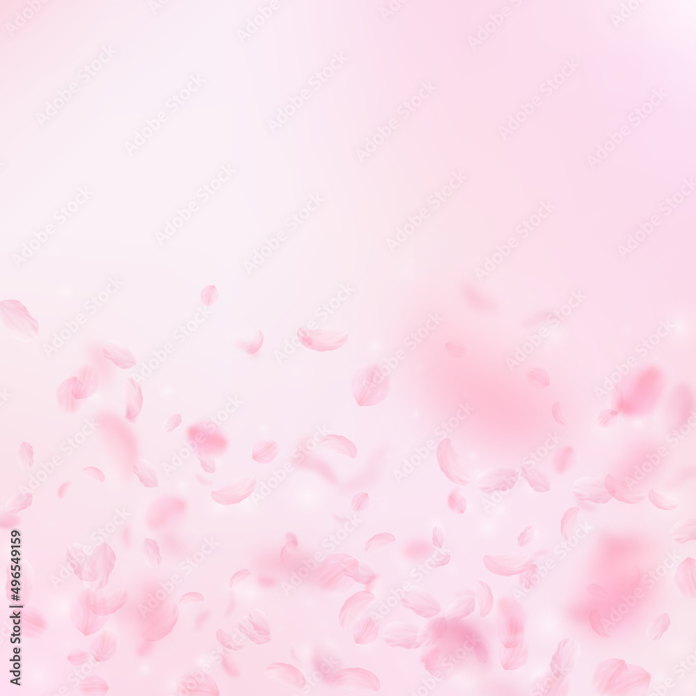 Sakura petals falling down. Romantic pink flowers gradient. Flying petals on pink square background. Love, romance concept. Splendid wedding invitation.